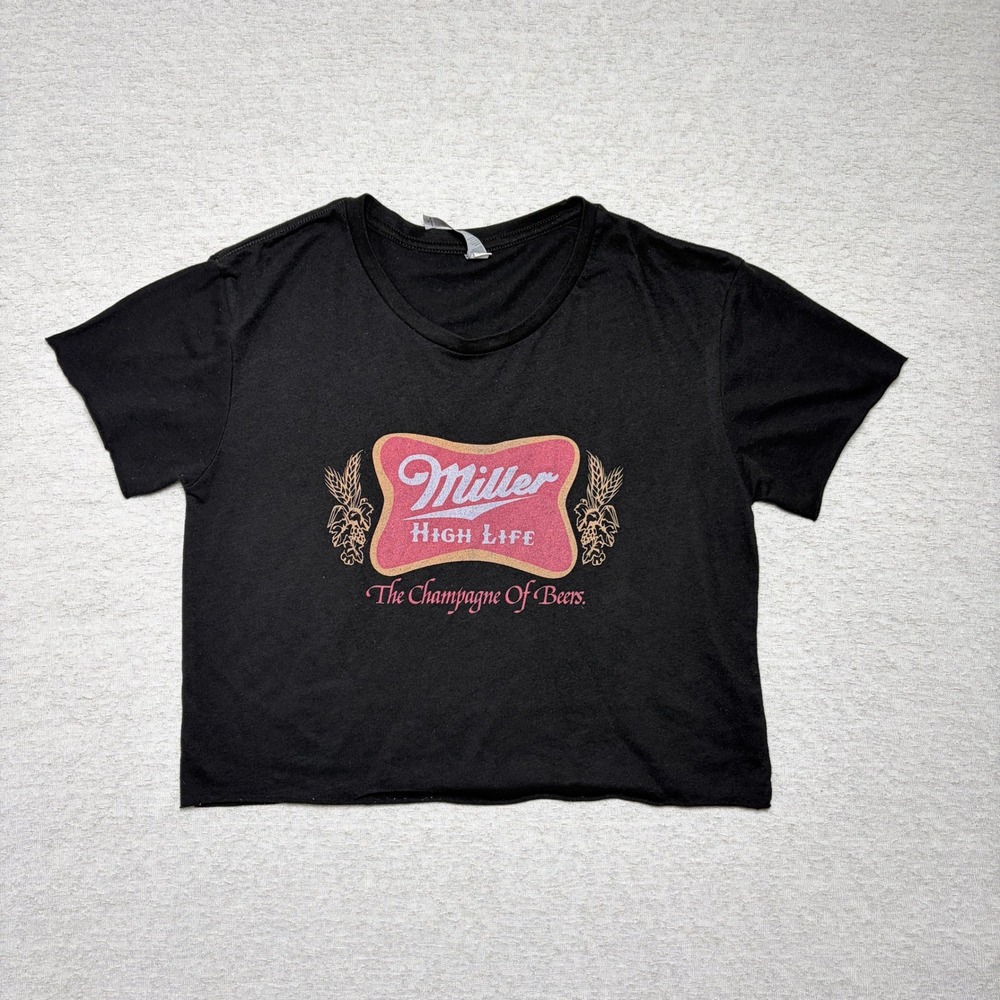 Miller High Life Womens T-Shirt Medium Black Cropped Champagne of Beers Graphic
